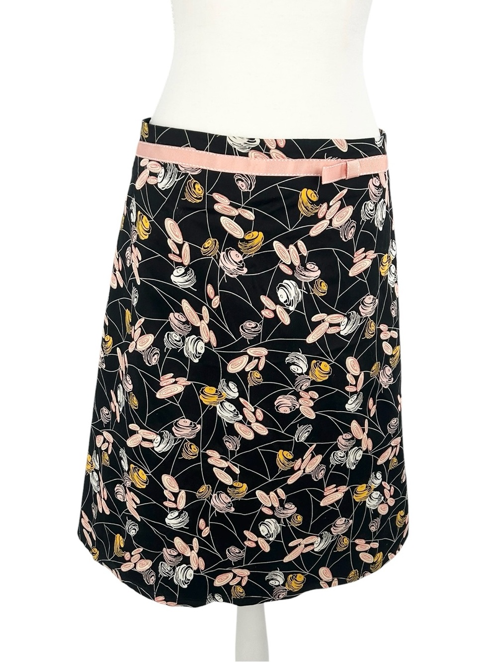 Lilly Pulitzer Black Floral A-Line Skirt Pink Ribbon Trim Petite Large